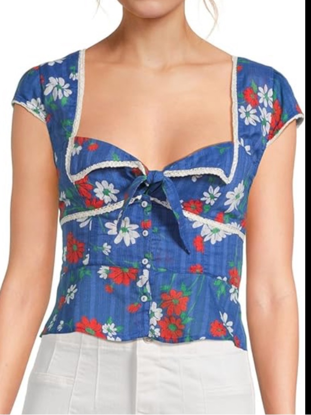 Free People Navy Blue Floral Tie-Front Crop Top - Picture 2 of 4
